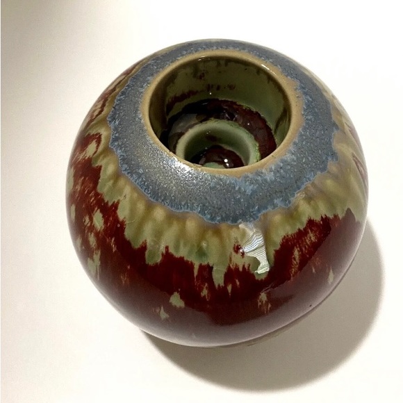 Rust, Tan and Blue Crystalline Drip Glaze Ceramic Round Ball Votive Candleholder - Picture 4 of 7